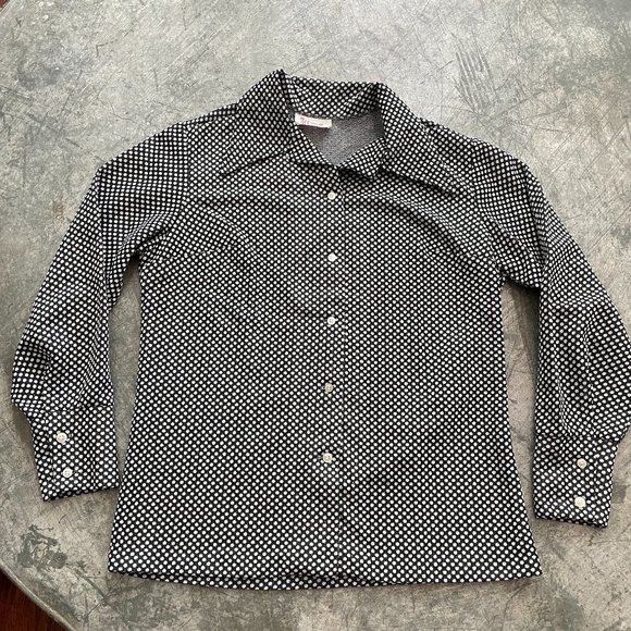 Vintage 60s 70s Bradley Black White Polka Dot Retro Button Up Shirt Medium - Picture 1 of 9